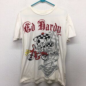 Ed Hardy Graphic T-Shirt Mens Medium Skeleton Moped Ship Flocked Cotton Y2K USA